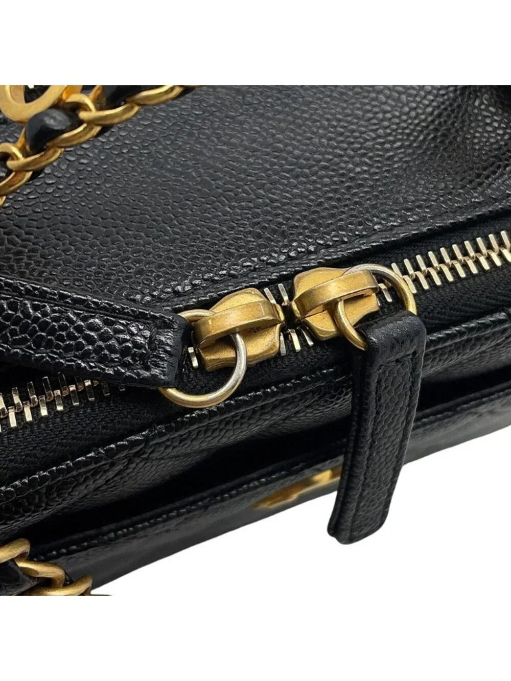 Chanel Chain Shoulder Bag CC Logo Quilted Vanity Top Handle Caviar Leather Black